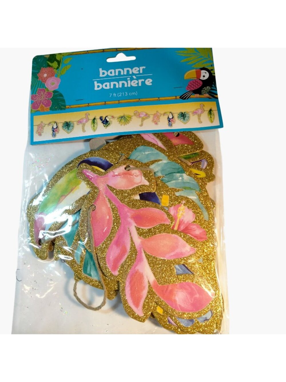 Tropical Flamingo Toucan Banner Beach Party Pool Luau 7 Ft Glitter Pink Blue